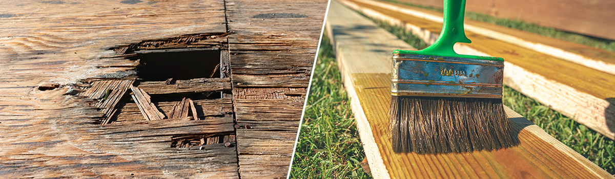 Collage mit einer löchrigen Holzplatte und einem Holzstück, das mit einem Pinsel und Öl gepflegt wird